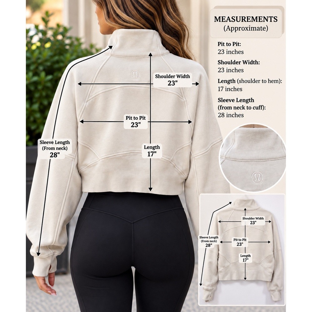 Lululemon Women Cream Scuba Oversized Half Zip Cropped Pullover Sweatshirt M/L - Picture 3 of 16